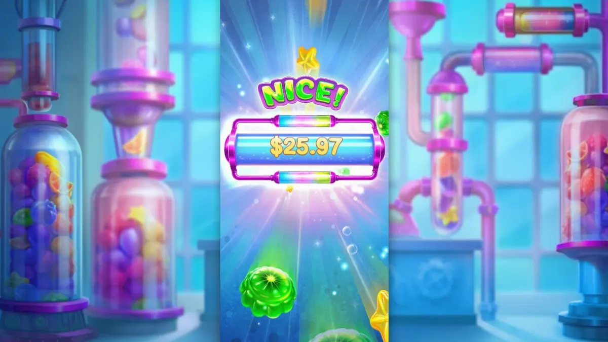 Interface colorida e futurista do slot Sweet Burst com doces e símbolos de laboratório