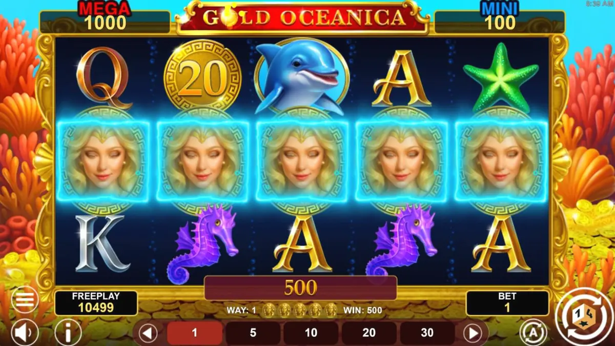 Interface do jogo de slot Gold Oceanica com elementos marinhos e moedas douradas