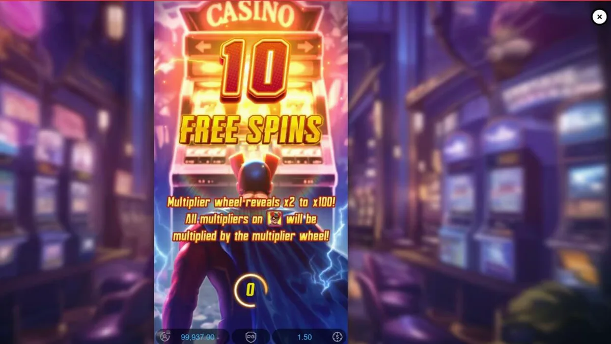 Interface do slot Super Wildrix com tema de super-herói e luzes neon