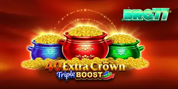 Interface do jogo 40 Extra Crown Triple Boost Golden Coins Link mostrando símbolos de frutas e coroas